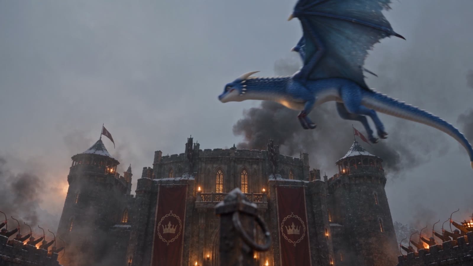 The dragon above a burning castle
