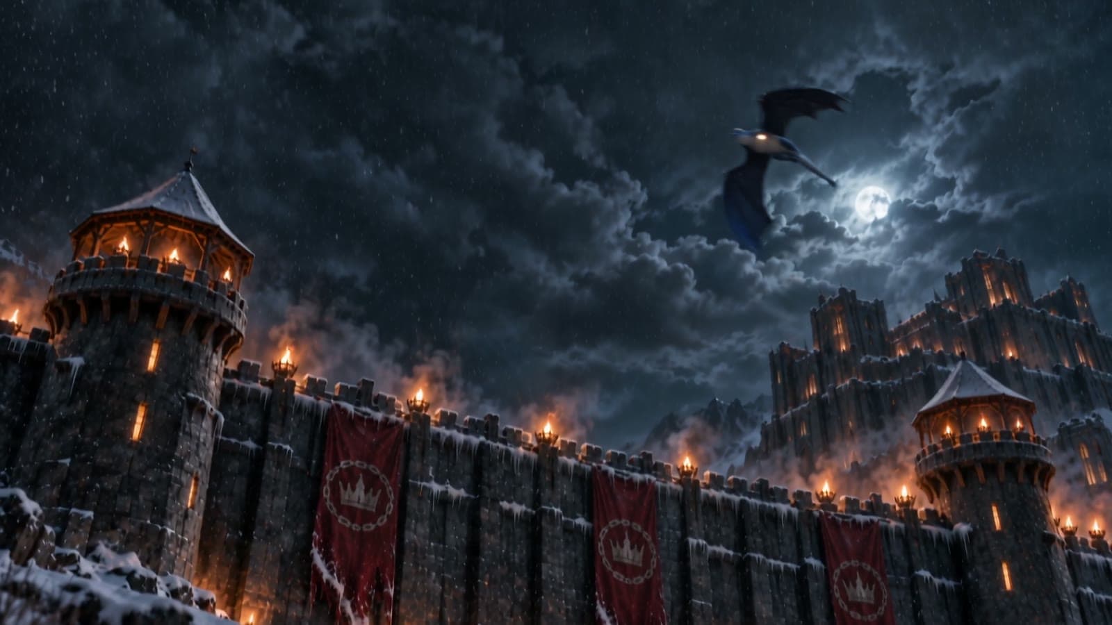 A snow-covered castle at night, banners and torches