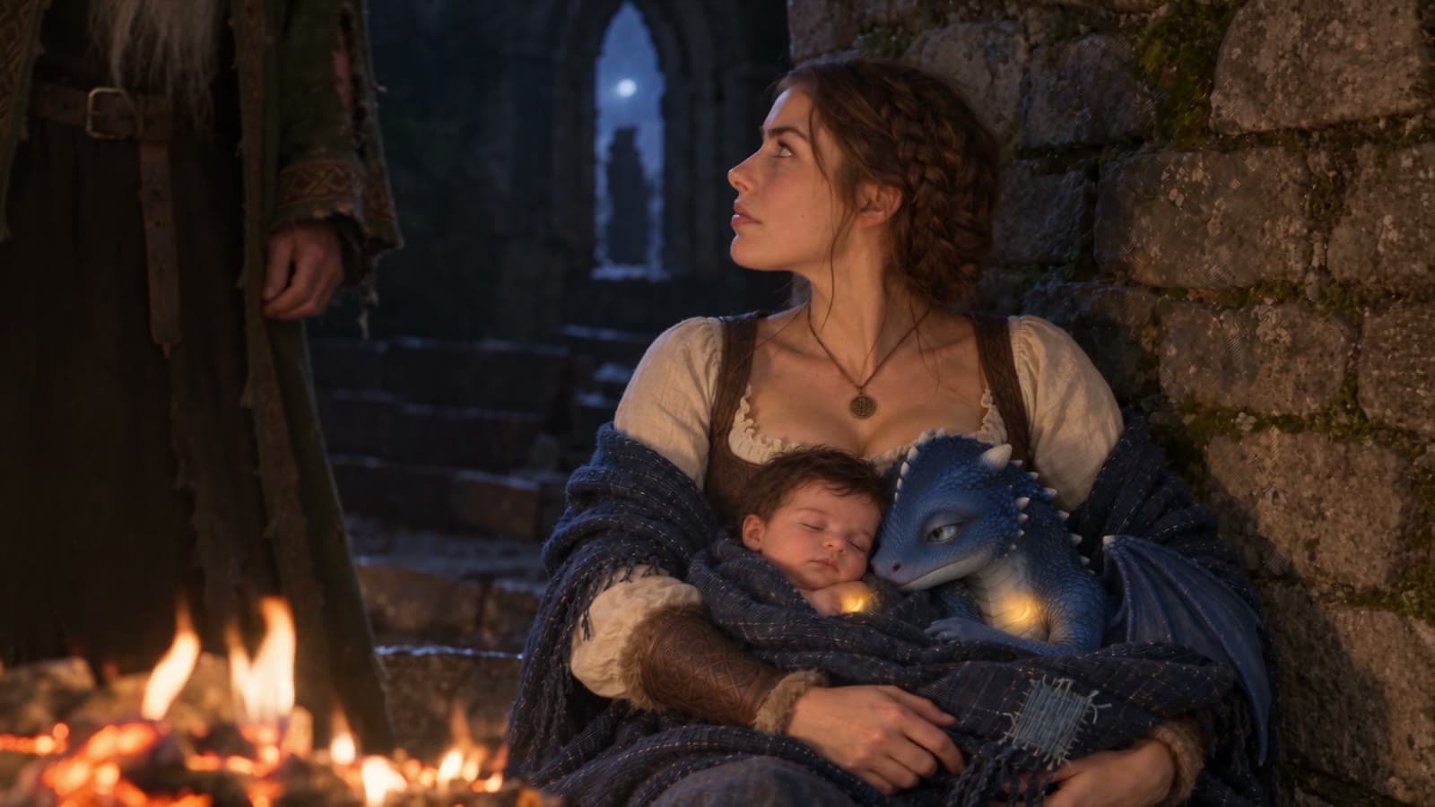 A newborn and a baby dragon asleep together, wrapped in a blue blanket