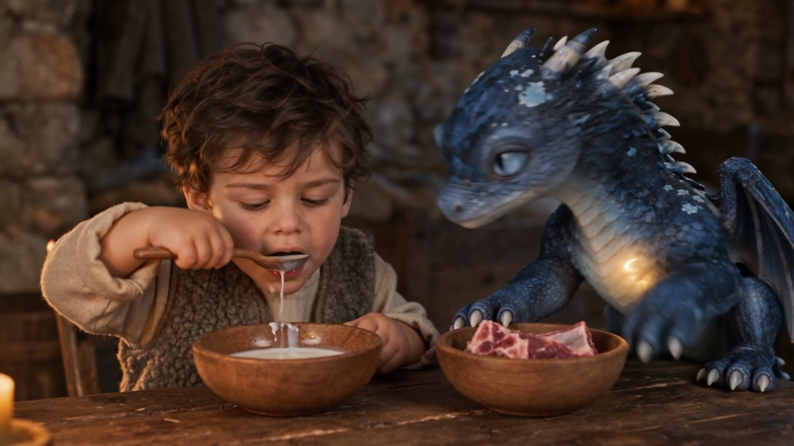 A boy and a young dragon eating together