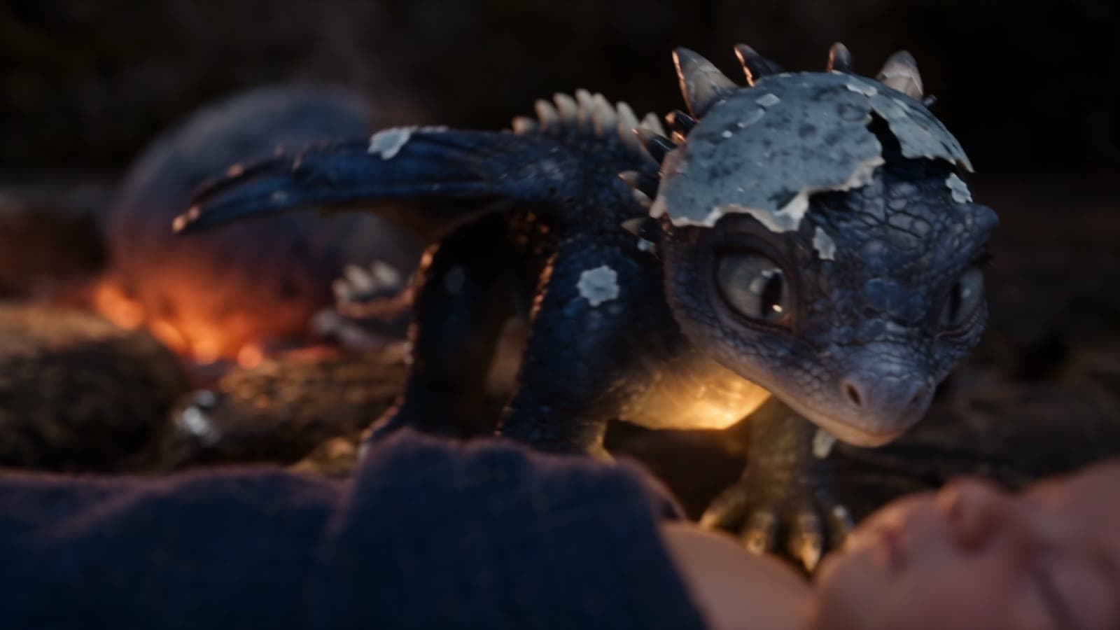 A newborn dragon hatchling glowing in the embers