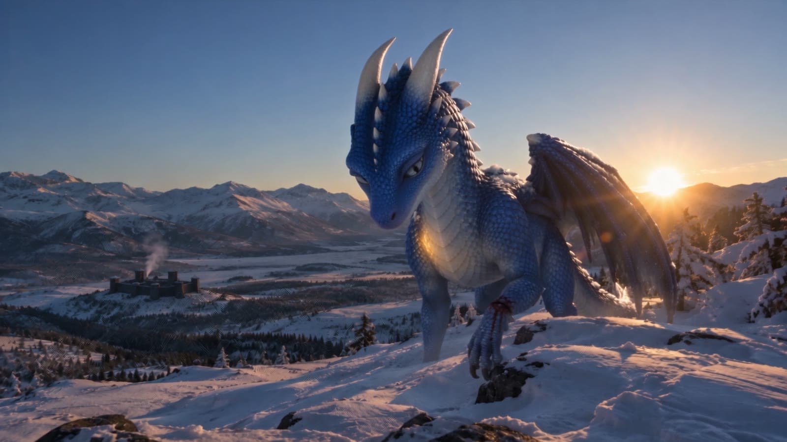 The grown dragon on a snowy ridge at sunrise